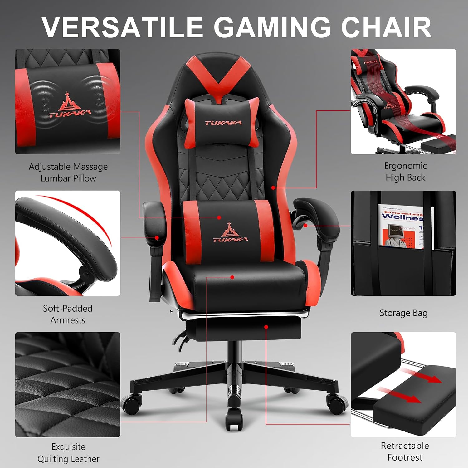 SILLA DE OFICINA ERGONÓMICA TUKAKA CON MASAJE Y REPOSAPIÉS ROJO - 5