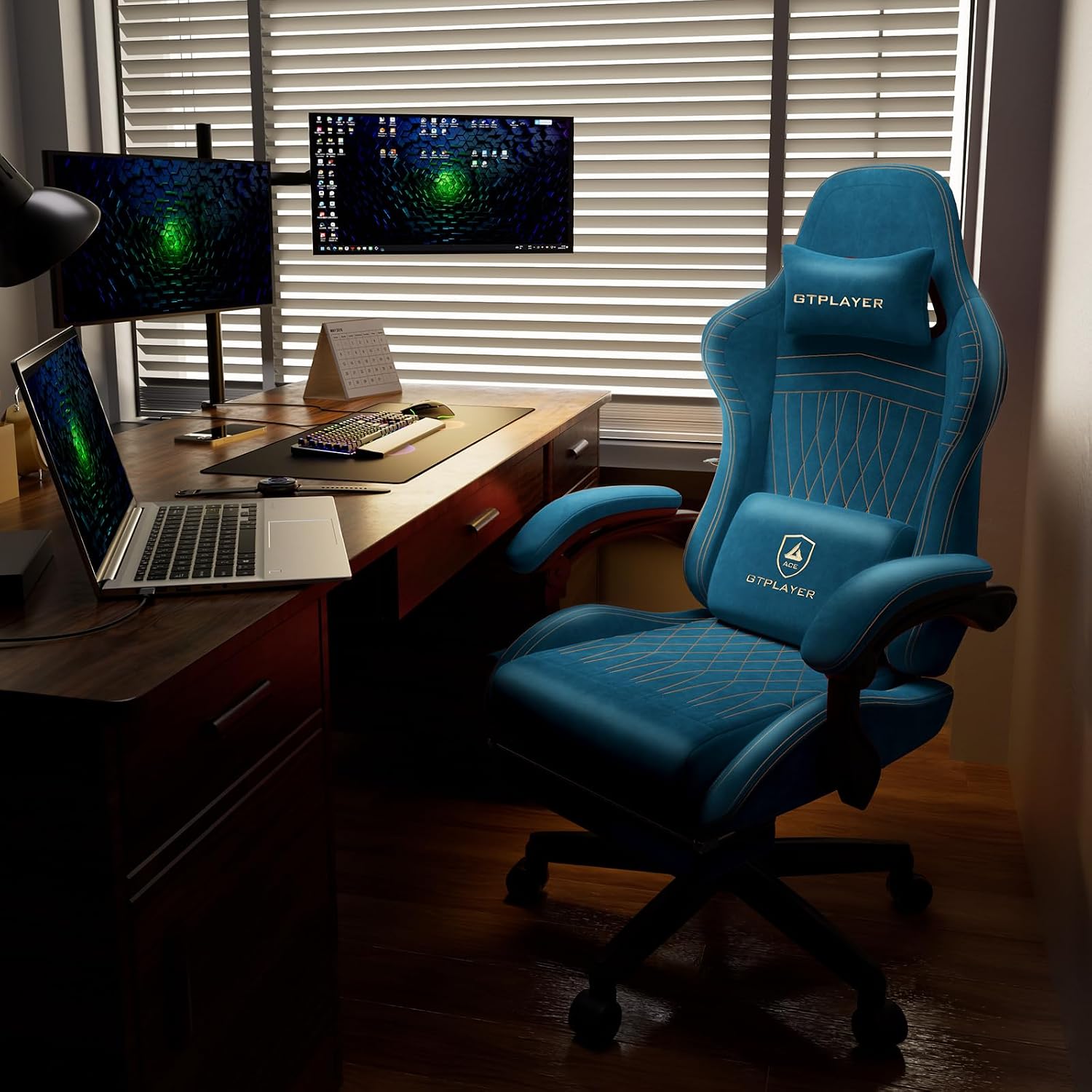 SILLA DE OFICINA GTPLAYER ACE-PRO CON ALTAVOCES INTEGRADOS Y CONTROL BLUETOOTH, REPOSAPIÉS, ERGONÓMICA RECLINABLE, AZUL - 2