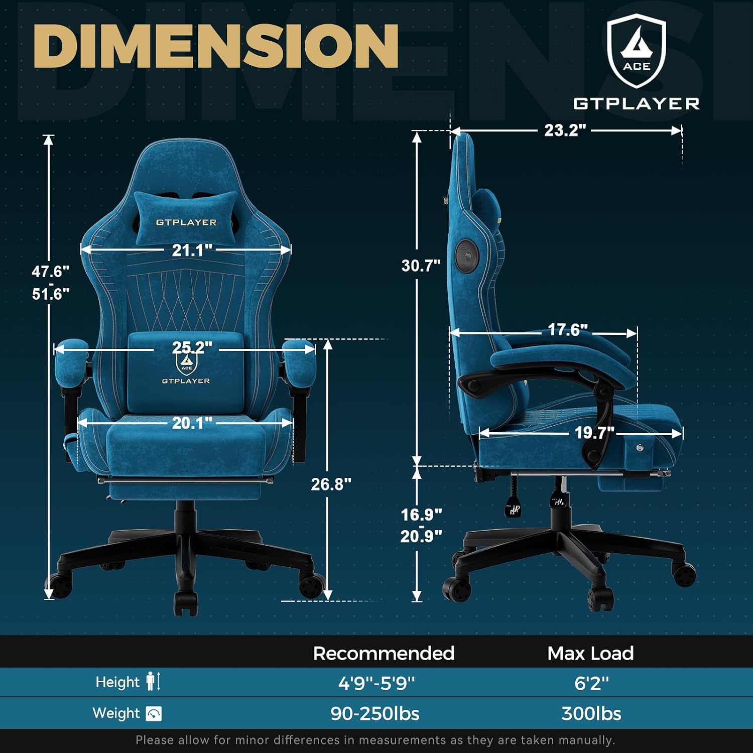SILLA DE OFICINA GTPLAYER ACE-PRO CON ALTAVOCES INTEGRADOS Y CONTROL BLUETOOTH, REPOSAPIÉS, ERGONÓMICA RECLINABLE, AZUL - 3