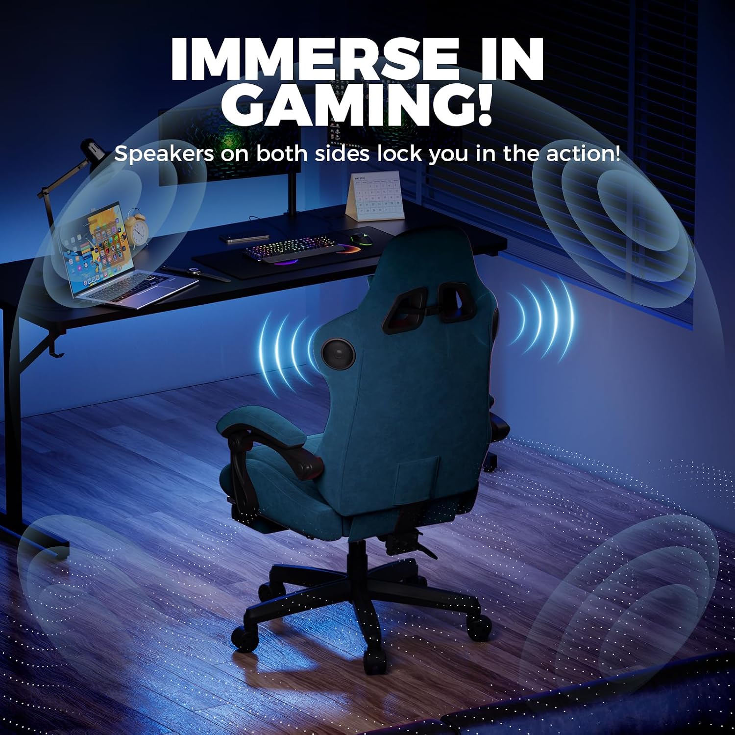 SILLA DE OFICINA GTPLAYER ACE-PRO CON ALTAVOCES INTEGRADOS Y CONTROL BLUETOOTH, REPOSAPIÉS, ERGONÓMICA RECLINABLE, AZUL - 4