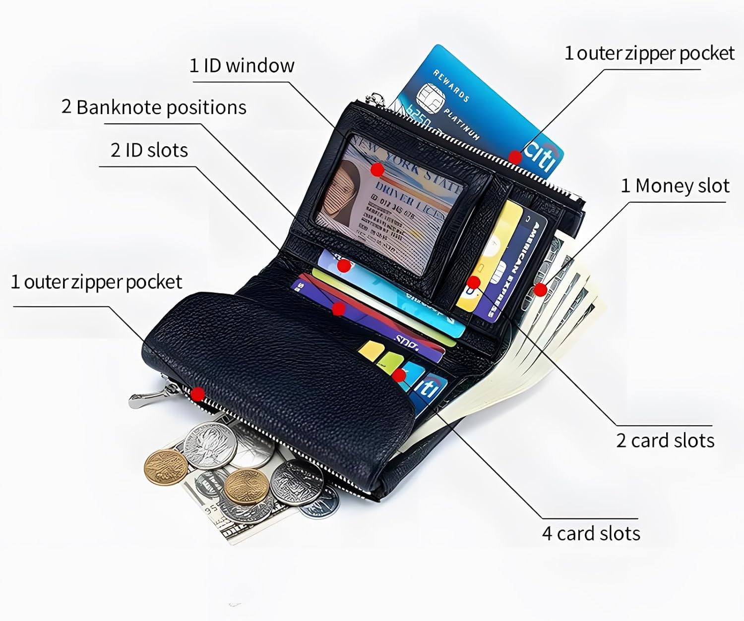 BILLETERA UNISEX DE CUERO PEBBLE, 13.5 CM, PORTA MONEDAS Y TARJETAS - 4