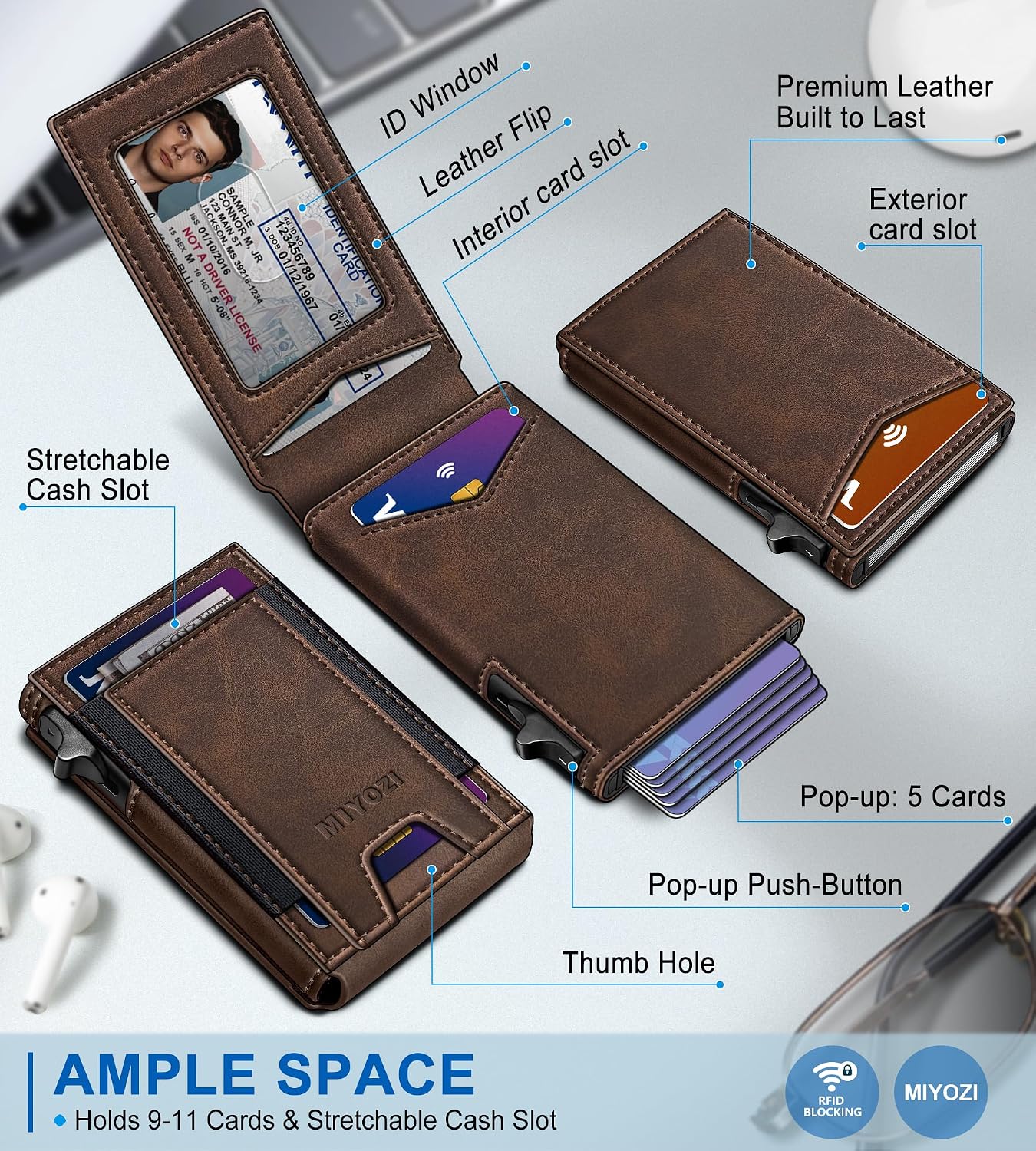 BILLETERA PARA HOMBRE MIYOZI SLIM POP UP CON BLOQUEO RFID Y VENTANA PARA ID - 2