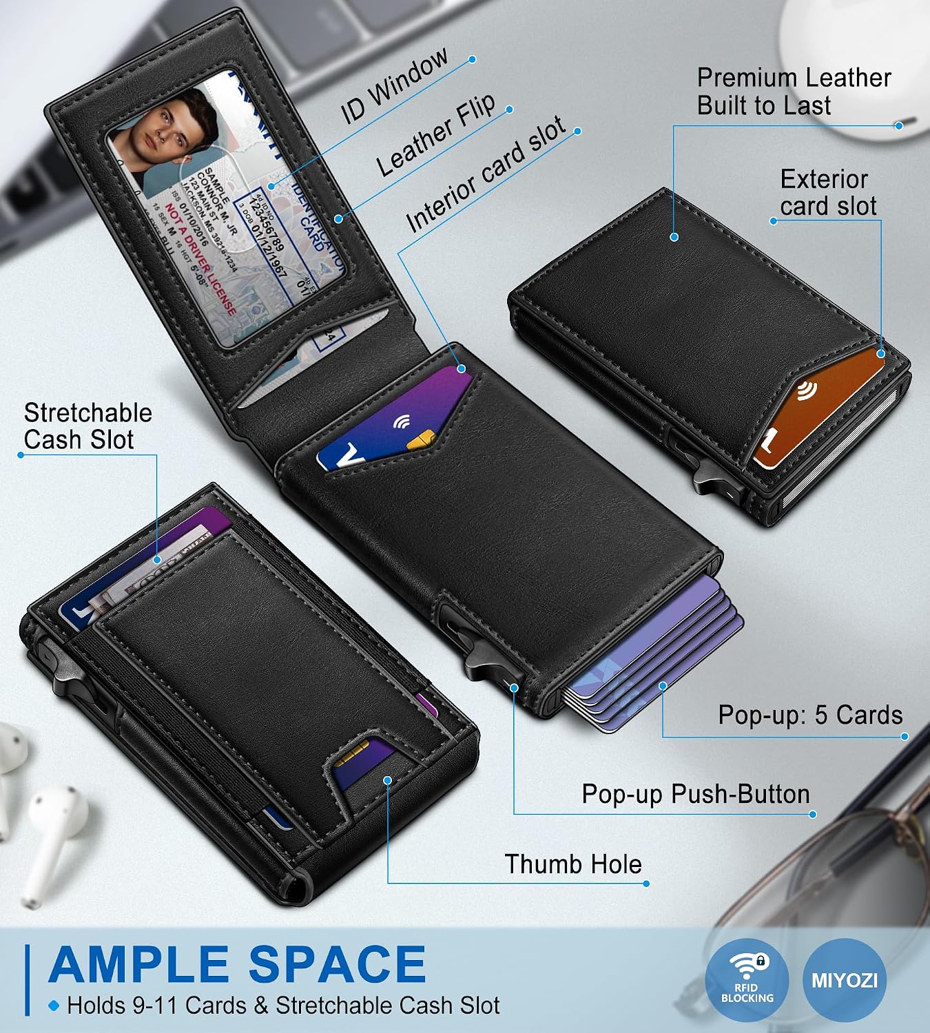 BILLETERA PARA HOMBRE MIYOZI SLIM POP UP CON BLOQUEO RFID Y VENTANA PARA ID - 2