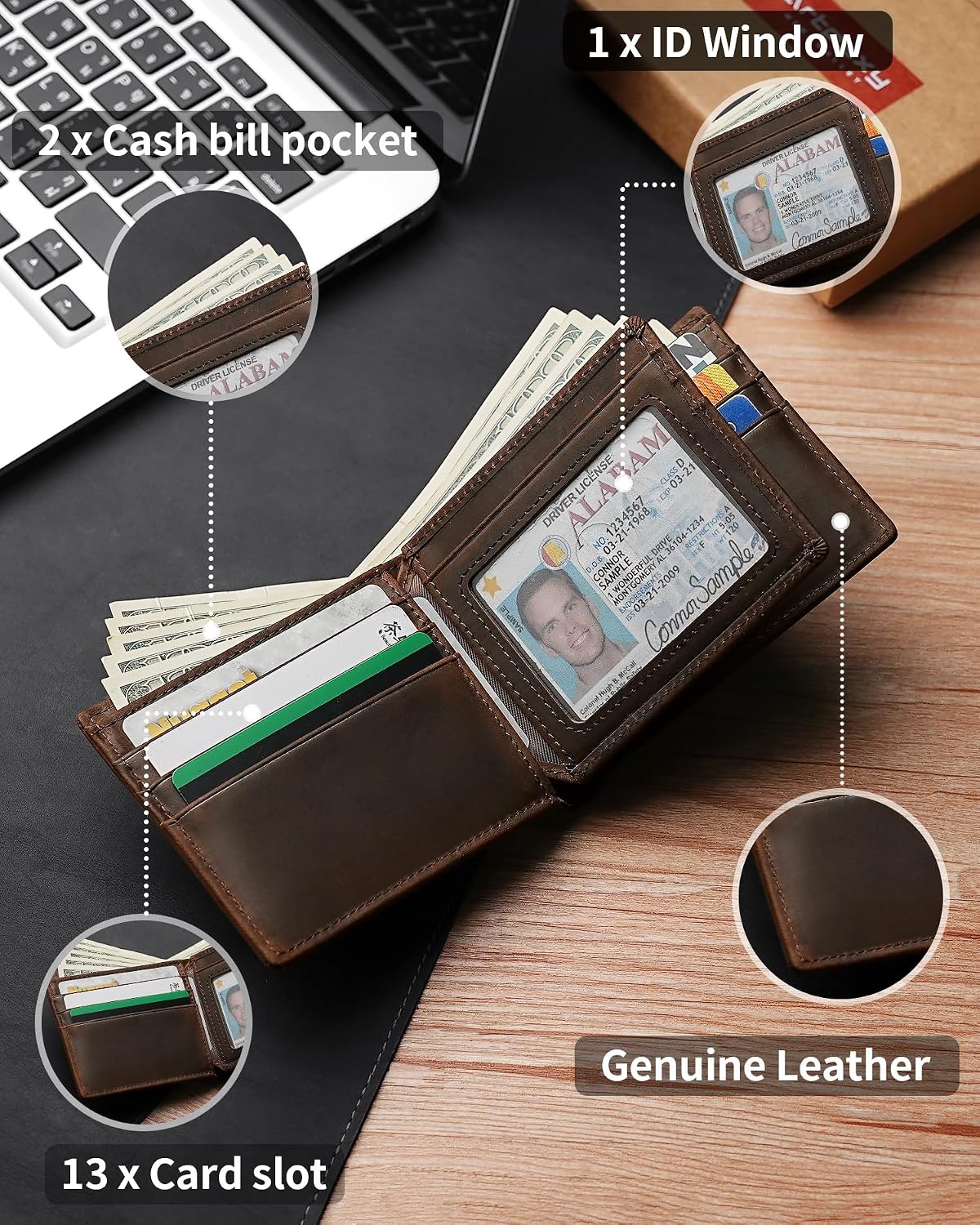 BILLETERA PARA HOMBRE ARTPAXY DE CUERO GENUINO BIFOLD CON BLOQUEO RFID 13 TARJETEROS 1 VENTANA ID 2 COMPARTIMENTOS PARA BILLETES - 5