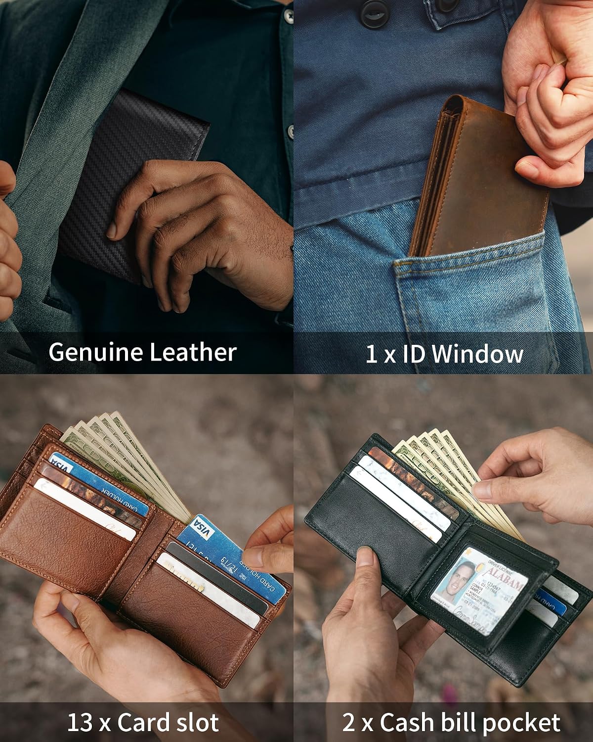 BILLETERA PARA HOMBRE ARTPAXY DE CUERO GENUINO BIFOLD CON BLOQUEO RFID 13 RANURAS PARA TARJETAS 1 VENTANA ID 2 COMPARTIMENTOS - 3