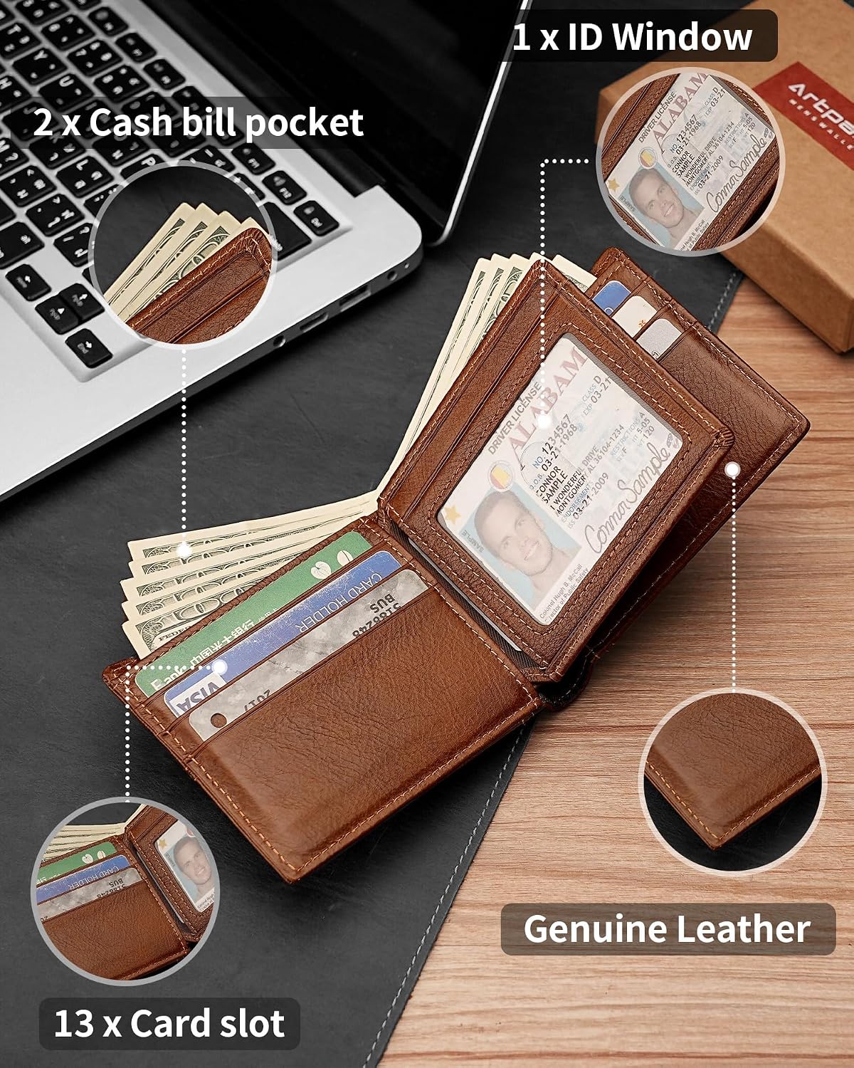BILLETERA PARA HOMBRE ARTPAXY DE CUERO GENUINO BIFOLD CON BLOQUEO RFID 13 RANURAS PARA TARJETAS 1 VENTANA ID 2 COMPARTIMENTOS - 5