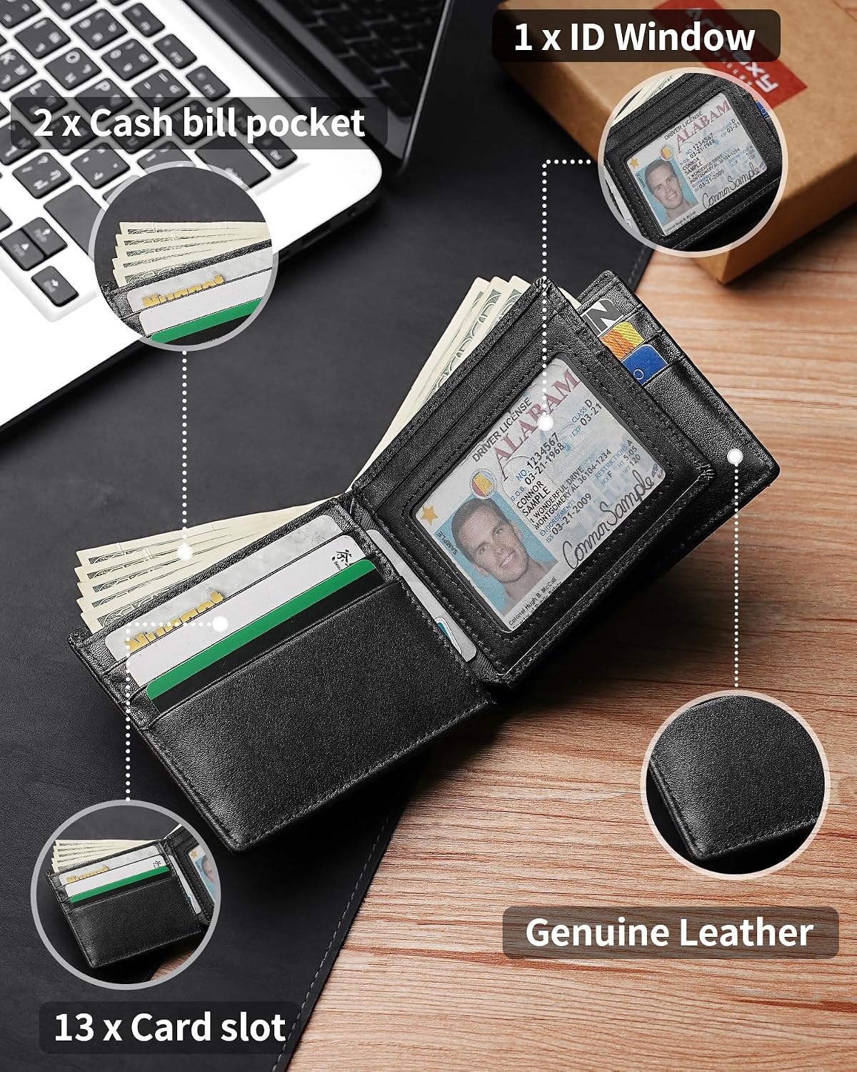 BILLETERA PARA HOMBRE ARTPAXY DE CUERO GENUINO BIFOLD CON BLOQUEO RFID Y 13 RANURAS PARA TARJETAS - 5