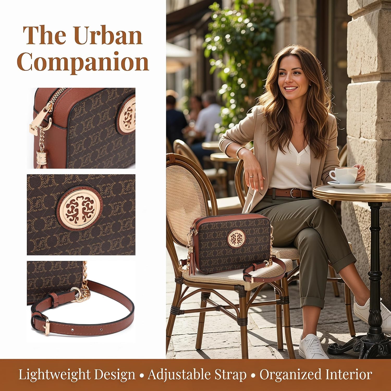 BOLSO CRUZADO LIGERO DE CUERO GENUINO MKP COLLECTION CON BORLA Y BOLSILLO CON CIERRE - 3