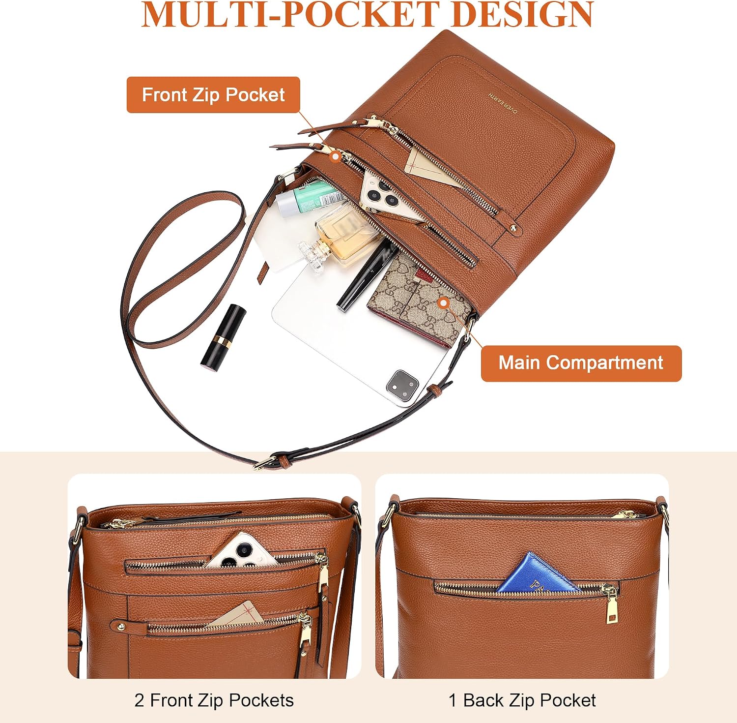 BOLSO CRUZADO DE CUERO GENUINO PARA MUJER OVER EARTH MULTI-BOLSILLOS - 4