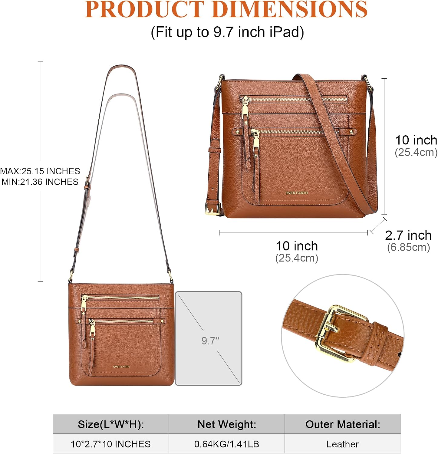 BOLSO CRUZADO DE CUERO GENUINO PARA MUJER OVER EARTH MULTI-BOLSILLOS - 5