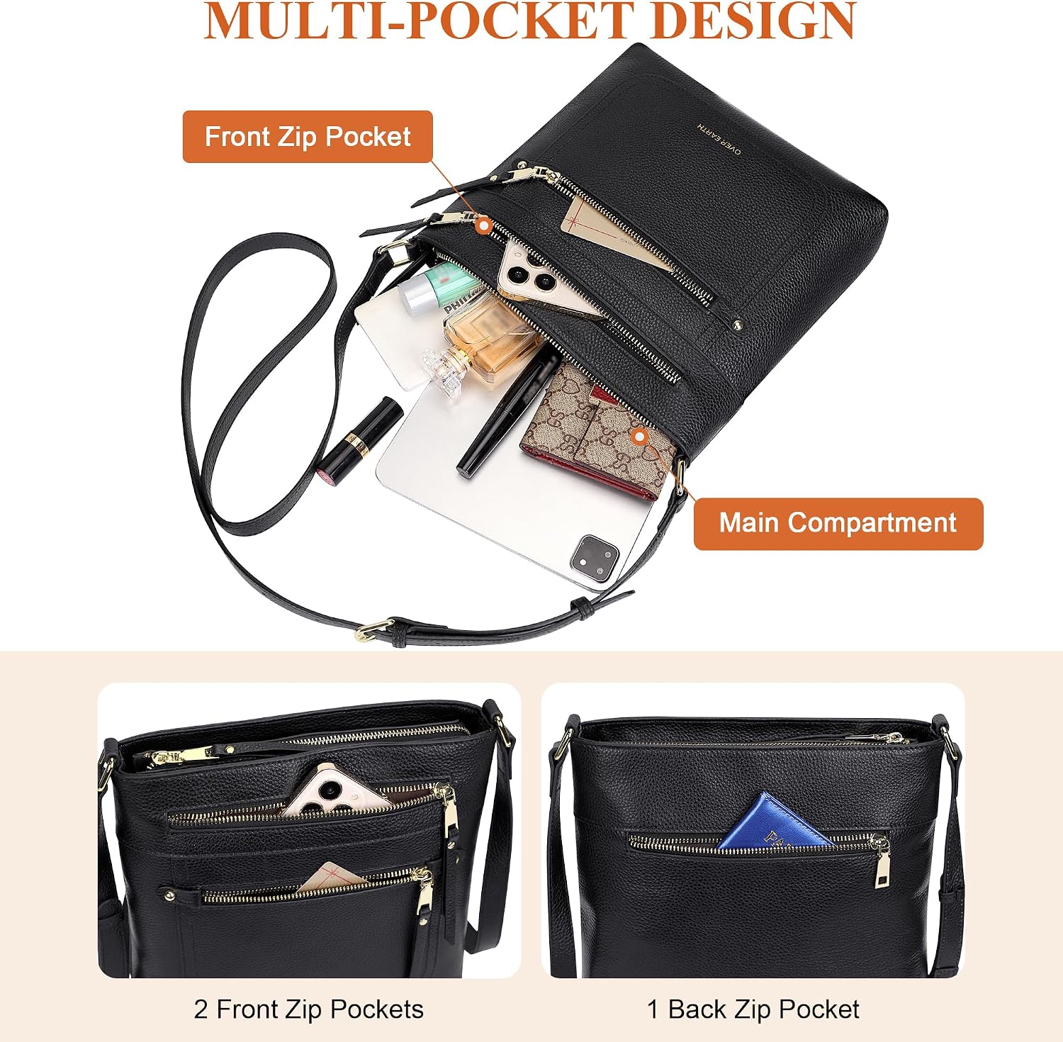 BOLSO CRUZADO DE CUERO GENUINO PARA MUJER OVER EARTH CON MÚLTIPLES BOLSILLOS - 5