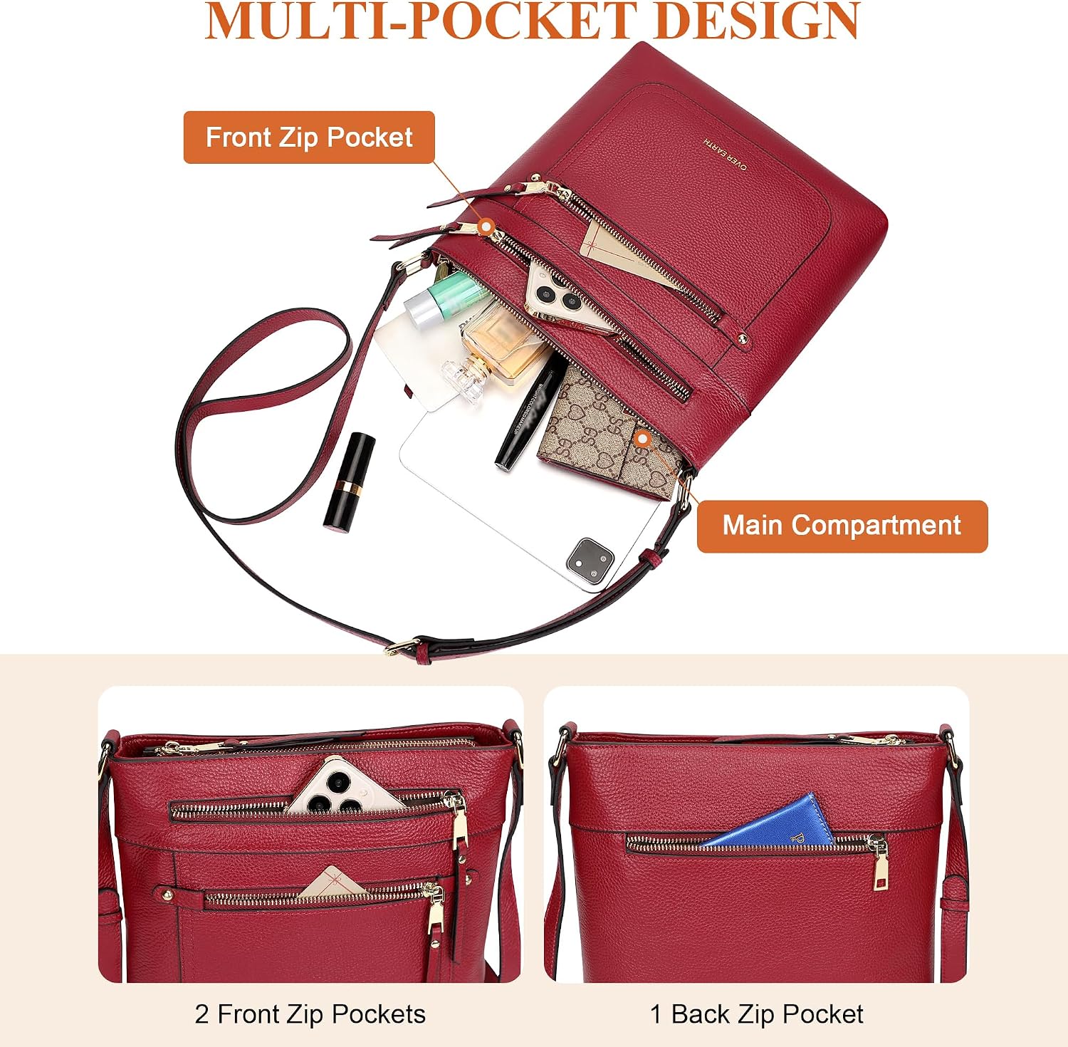 BOLSO CRUZADO DE CUERO GENUINO PARA MUJER OVER EARTH MULTI-BOLSILLOS - 4