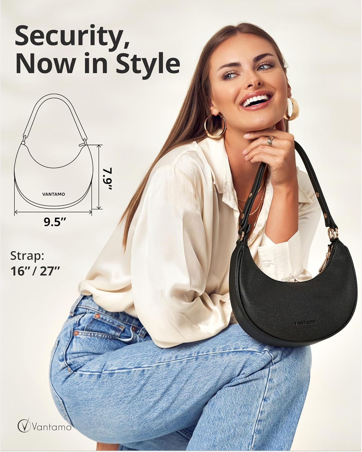 BOLSO VANTAMO CRESCENT PARA MUJER CON PROTECCIÓN RFID Y CLIP ANTIRROBO - 2