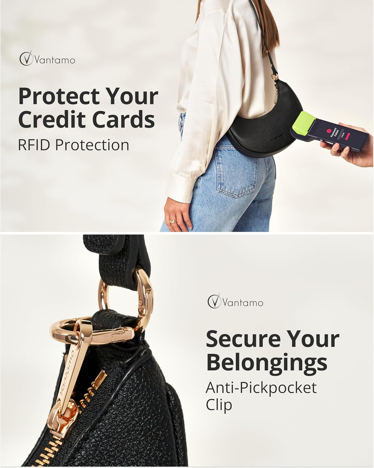 BOLSO VANTAMO CRESCENT PARA MUJER CON PROTECCIÓN RFID Y CLIP ANTIRROBO - 5