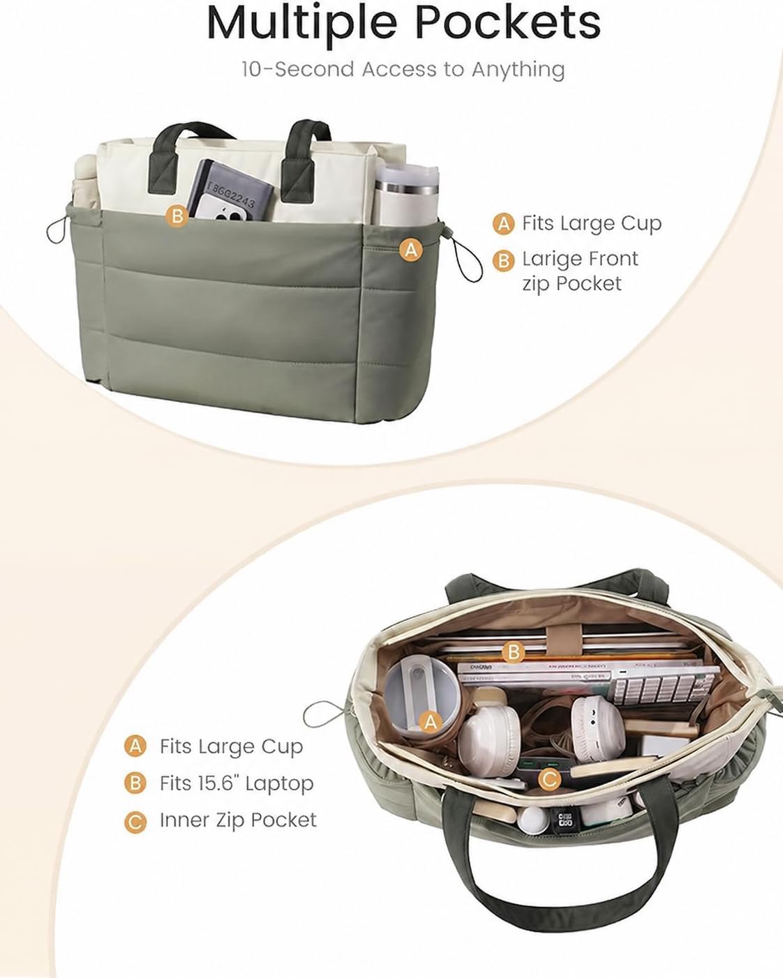 BOLSO TOTE LOVEVOOK PARA MUJER CON COMPARTIMENTO PARA TAZA GRANDE Y CIERRE - 3