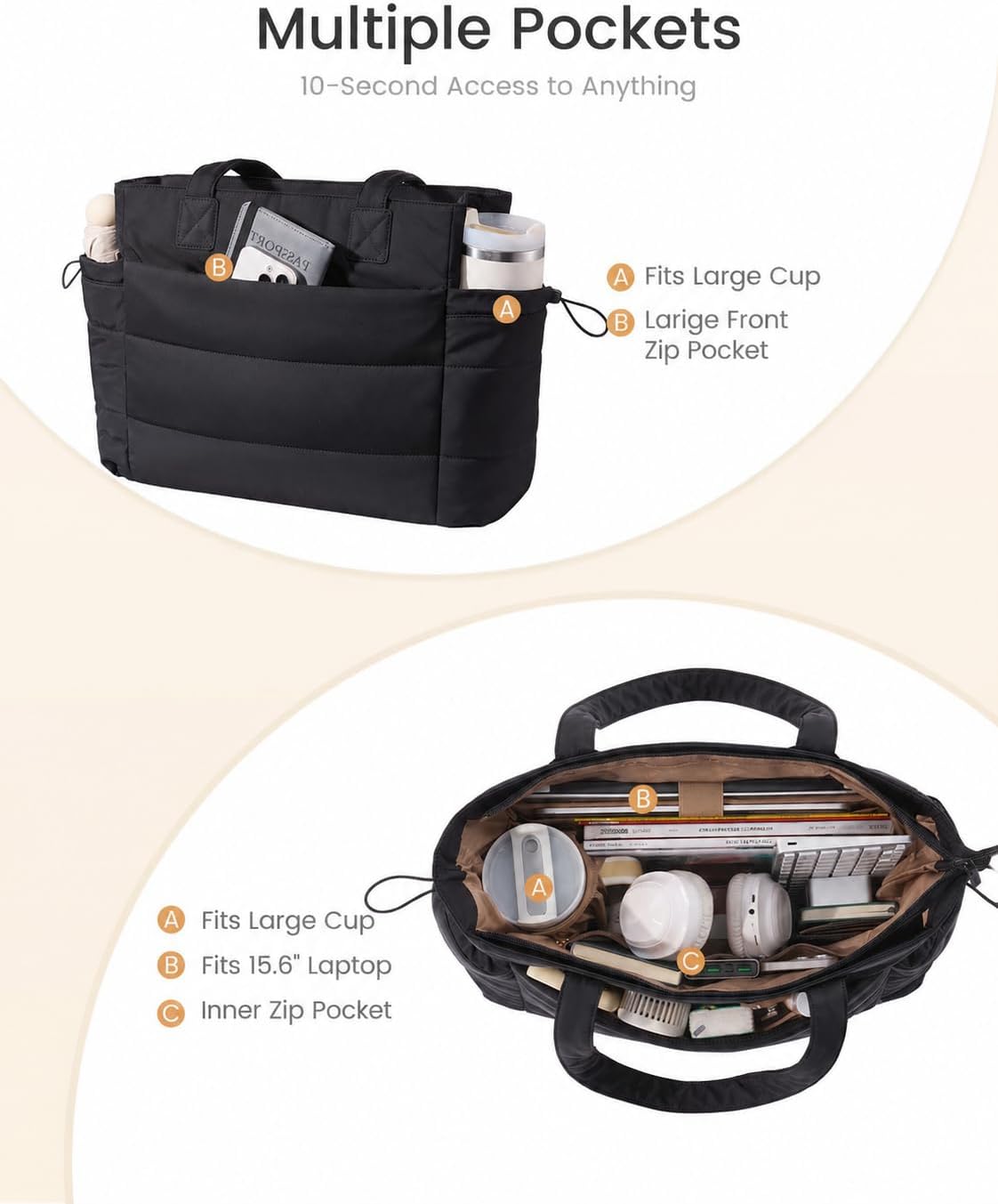 BOLSO TOTE LOVEVOOK PARA MUJER CON COMPARTIMENTO PARA TAZA GRANDE Y CIERRE - 4