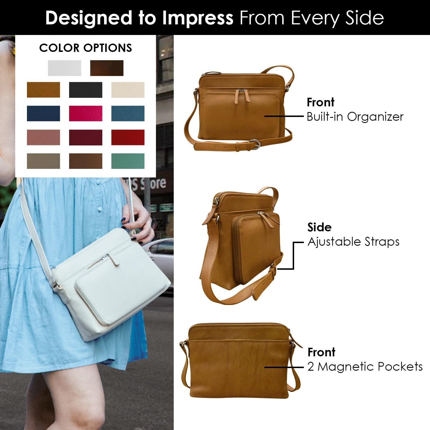 BOLSO CRUZADO DE CUERO GENUINO ILI NEW YORK PARA MUJER CON BLOQUEO RFID Y CORREA AJUSTABLE - 3