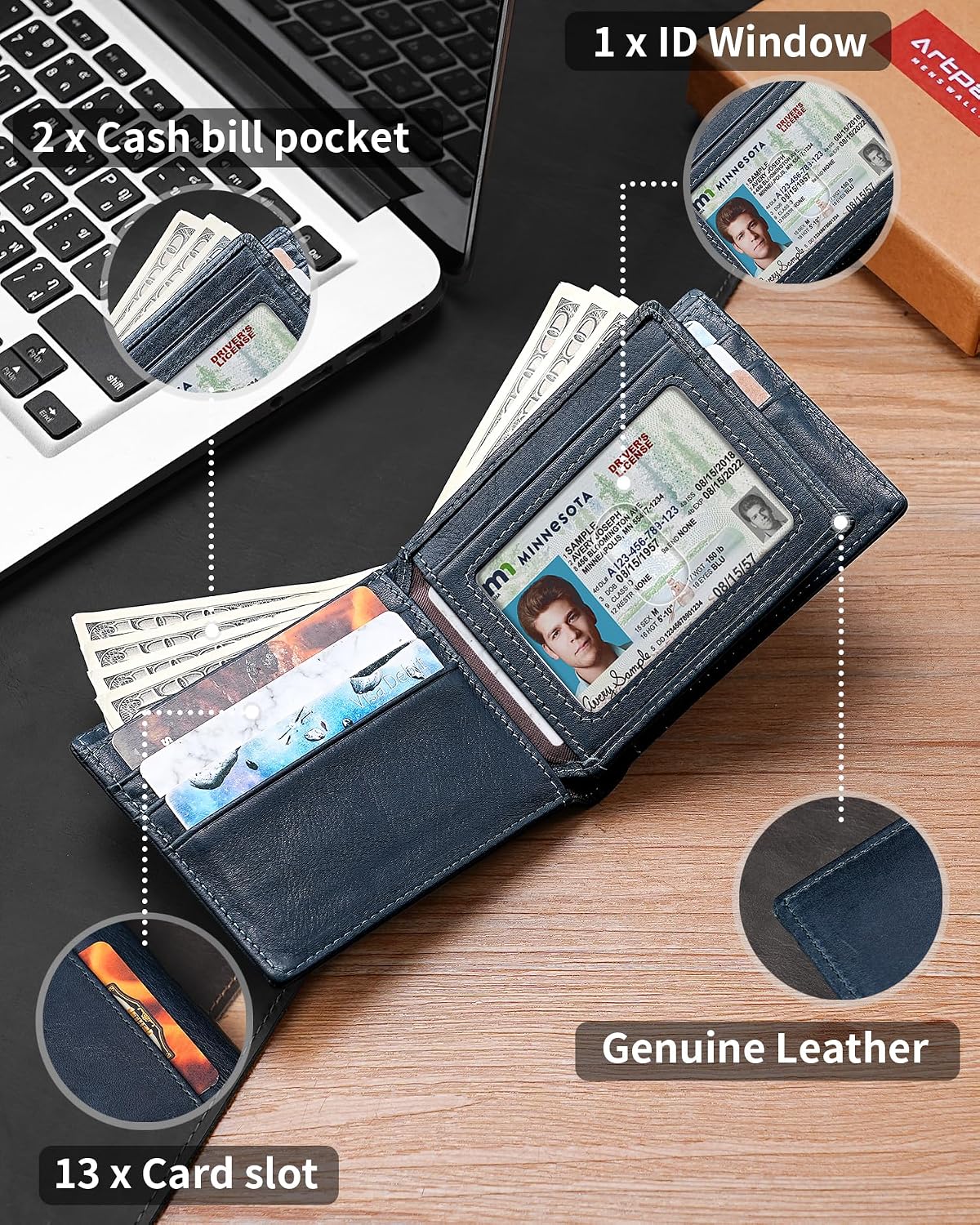 BILLETERA PARA HOMBRE ARTPAXY BIFOLD DE CUERO GENUINO CON BLOQUEO RFID Y 13 PORTA TARJETAS - 5
