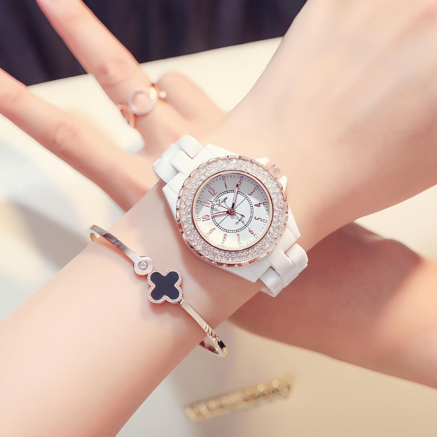 RELOJ DE PULSERA PARA MUJER MASTOP CERÁMICO BLANCO CON CRISTALES SWAROVSKI Y CUARZO ANALÓGICO RESISTENTE AL AGUA - 2