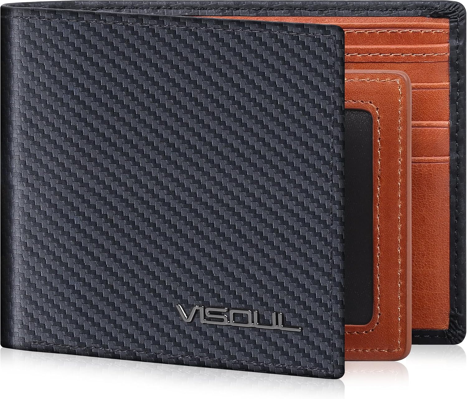 BILLETERA PARA HOMBRE VISOUL BIFOLD EN CUERO FIBRA DE CARBONO CON BLOQUEO RFID Y 2 COMPARTIMENTOS PARA DINERO NEGRO Y NARANJA - 1