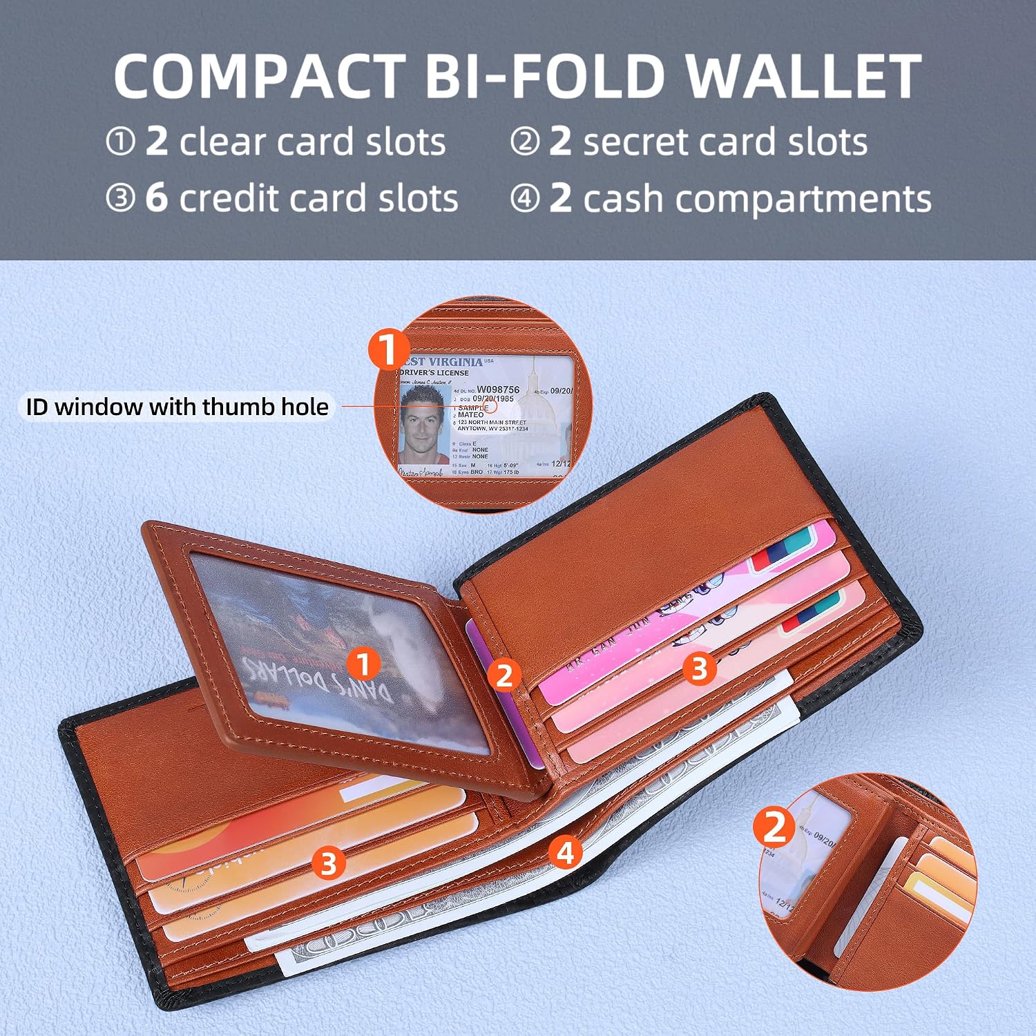 BILLETERA PARA HOMBRE VISOUL BIFOLD EN CUERO FIBRA DE CARBONO CON BLOQUEO RFID Y 2 COMPARTIMENTOS PARA DINERO NEGRO Y NARANJA - 2