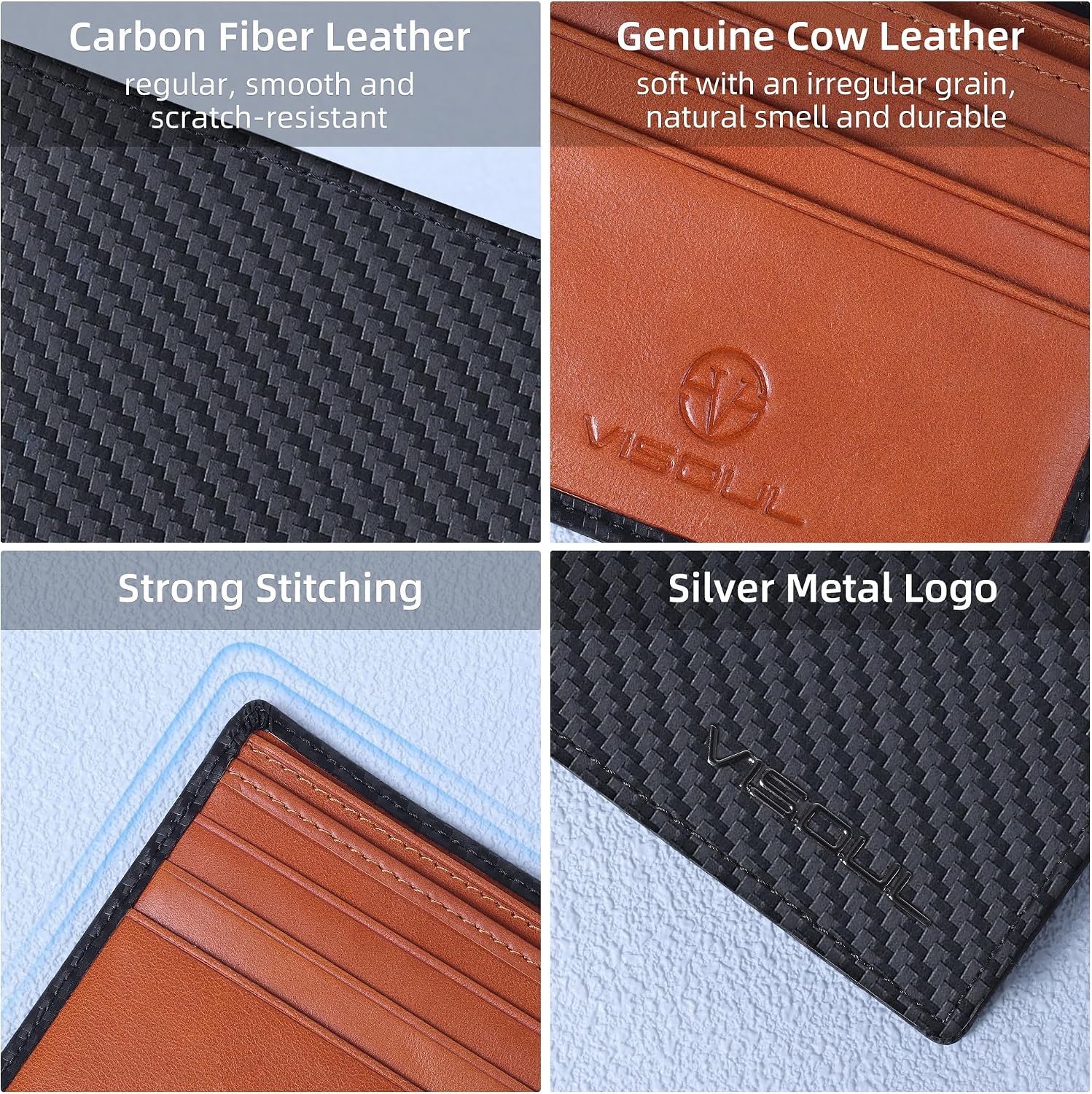BILLETERA PARA HOMBRE VISOUL BIFOLD EN CUERO FIBRA DE CARBONO CON BLOQUEO RFID Y 2 COMPARTIMENTOS PARA DINERO NEGRO Y NARANJA - 3