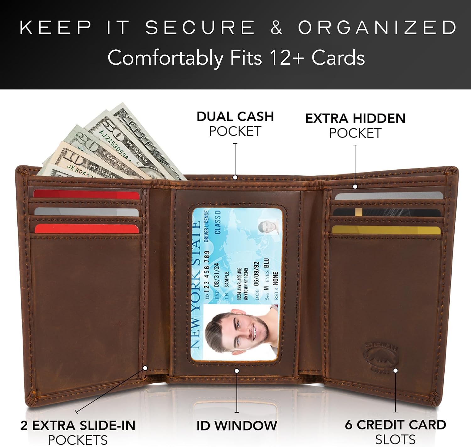 BILLETERA TRIFOLD STEALTH MODE PARA HOMBRE CON BLOQUEO RFID MARRÓN - 2