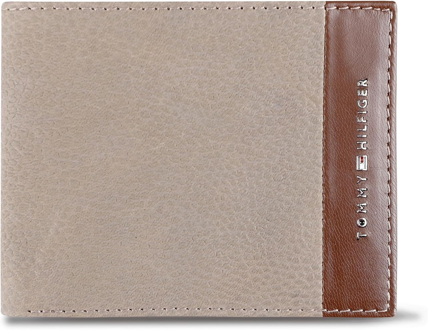 BILLETERA SLIM BIFOLD DE CUERO BICOLOR TOMMY HILFIGER PARA HOMBRE CON VENTANA PARA ID PLATA/TAN - 1