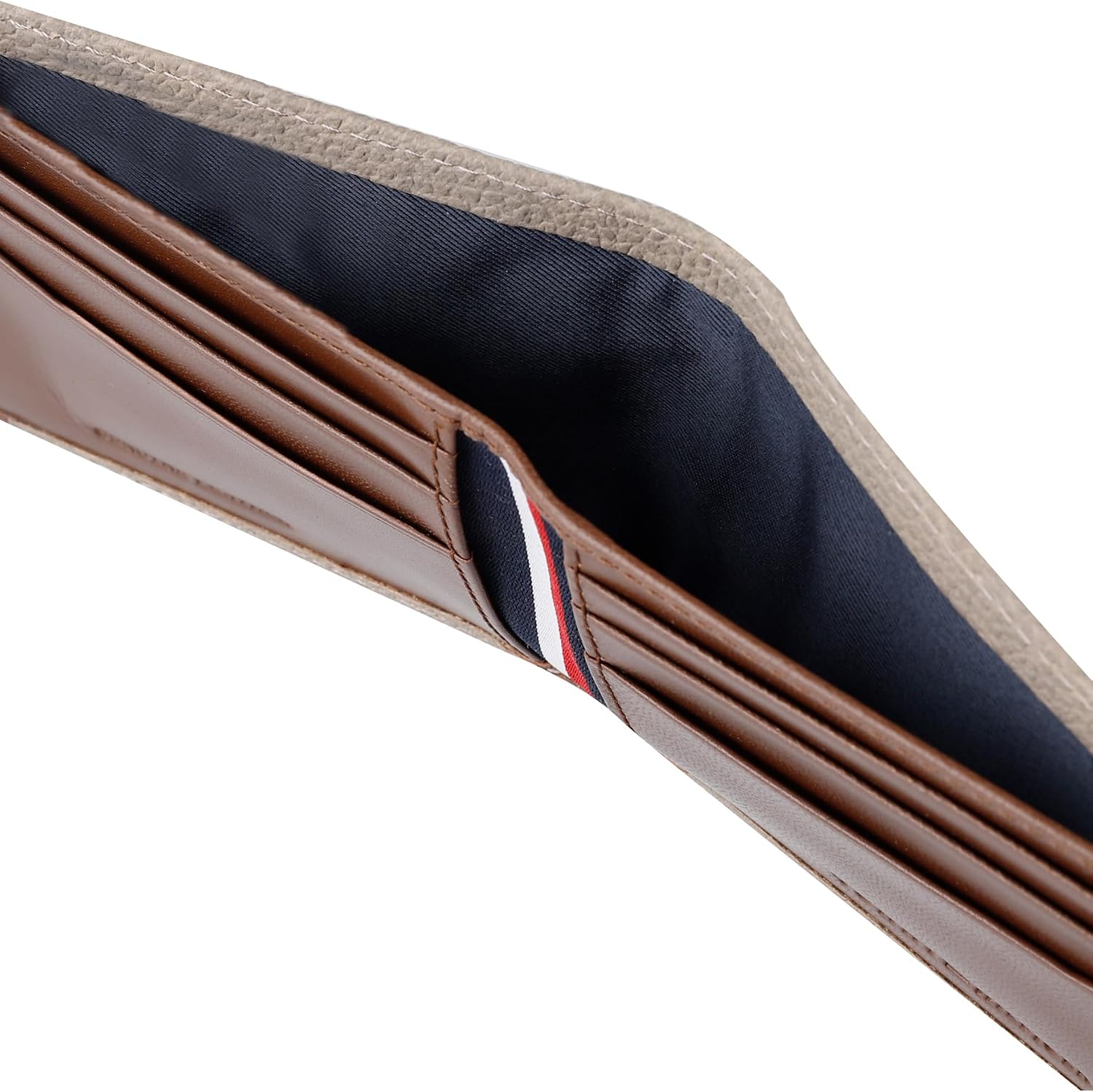 BILLETERA SLIM BIFOLD DE CUERO BICOLOR TOMMY HILFIGER PARA HOMBRE CON VENTANA PARA ID PLATA/TAN - 5