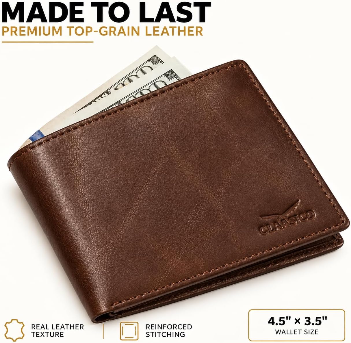 BILLETERA DE CUERO PARA HOMBRE CLAASICO CON BLOQUEO RFID Y VENTANA PARA ID - 5
