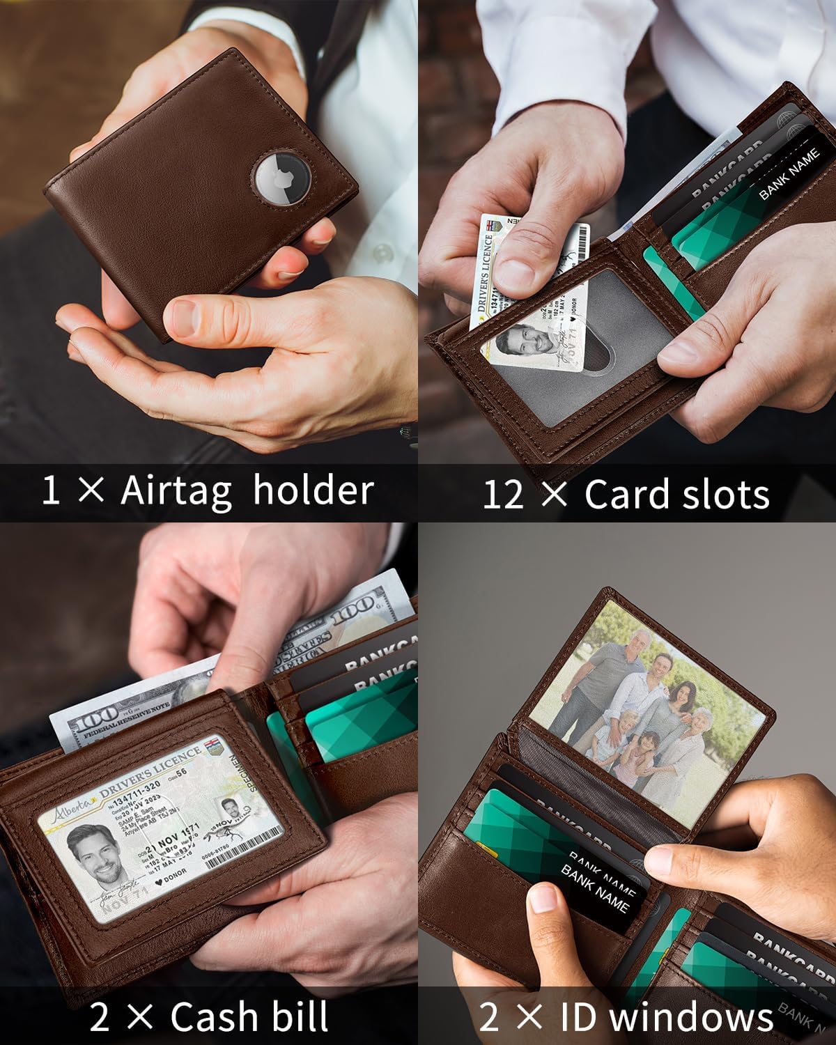 BILLETERA DE CUERO GENUINO PARA HOMBRE SEROVI CON BLOQUEO RFID, 2 VENTANAS PARA ID Y 12 ESPACIOS PARA TARJETAS - 3