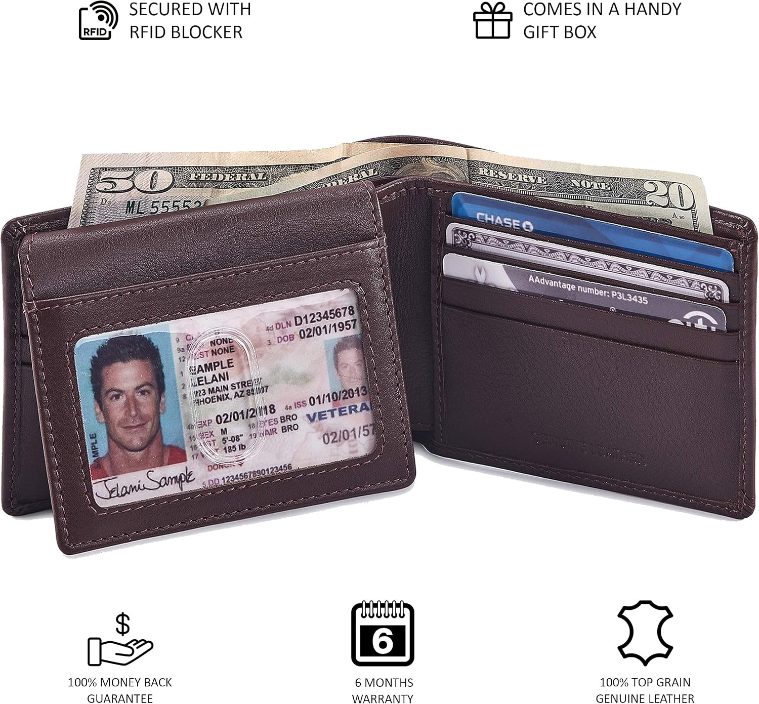 BILLETERA PARA HOMBRE COCHOA SLIM RFID BLOQUEO CUERO NAPA CHOCOLATE - 5