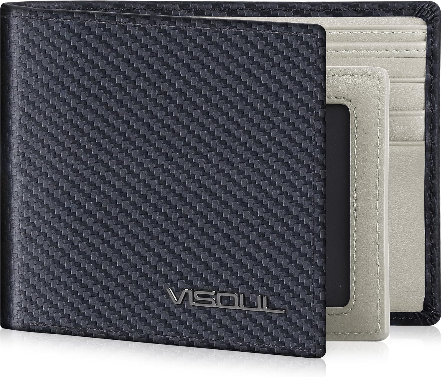 BILLETERA PARA HOMBRE VISOUL BIFOLD DE CUERO Y FIBRA DE CARBONO CON BLOQUEO RFID Y 2 VENTANAS PARA ID NEGRO Y GRIS CLARO - 1