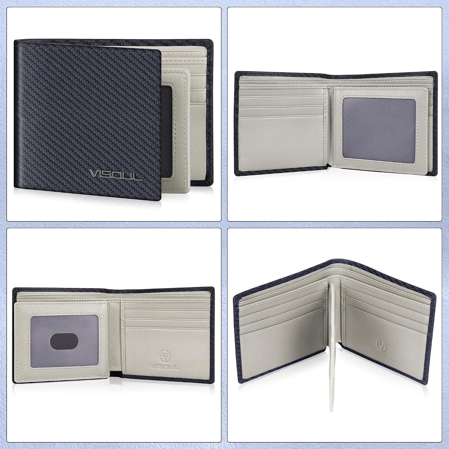 BILLETERA PARA HOMBRE VISOUL BIFOLD DE CUERO Y FIBRA DE CARBONO CON BLOQUEO RFID Y 2 VENTANAS PARA ID NEGRO Y GRIS CLARO - 2