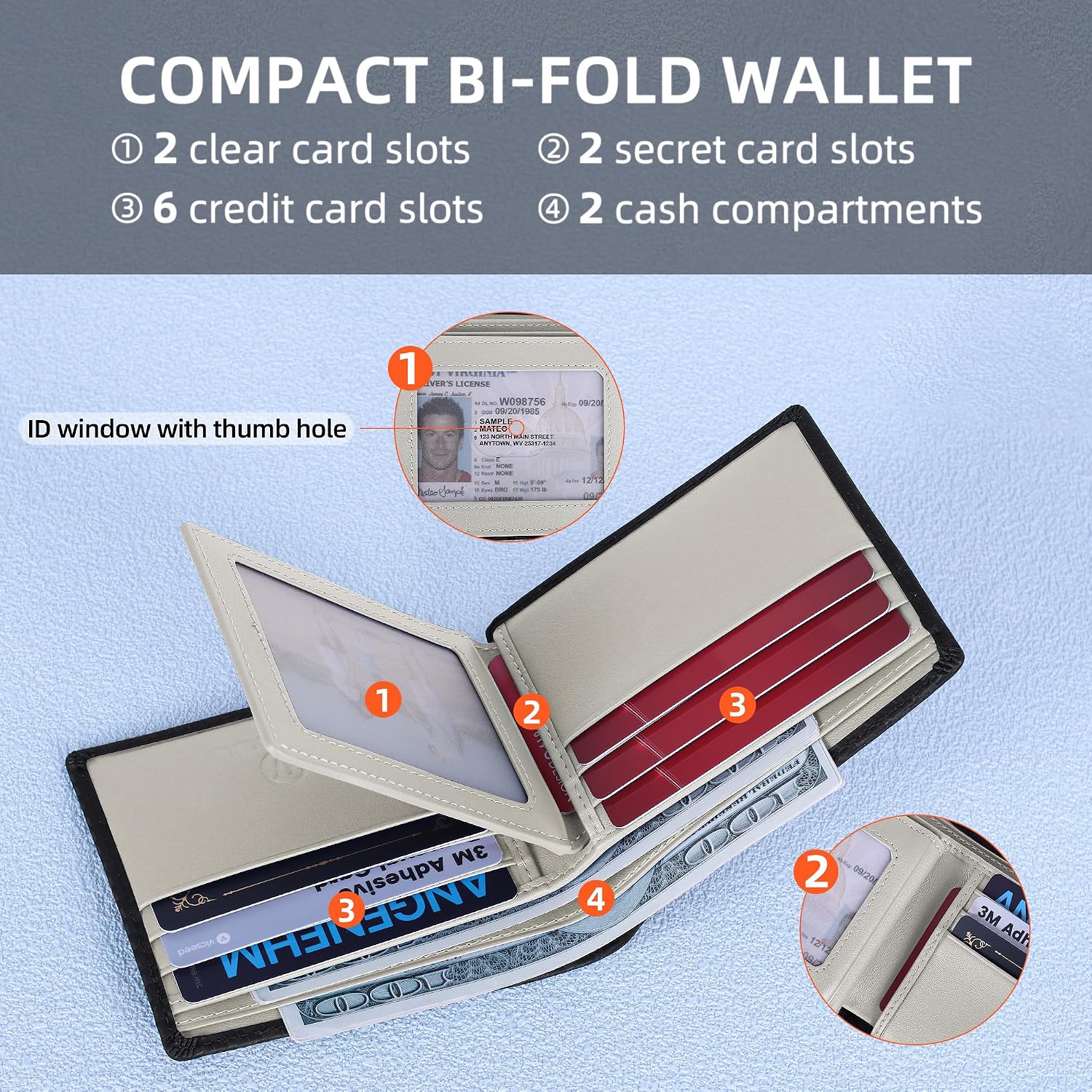 BILLETERA PARA HOMBRE VISOUL BIFOLD DE CUERO Y FIBRA DE CARBONO CON BLOQUEO RFID Y 2 VENTANAS PARA ID NEGRO Y GRIS CLARO - 3