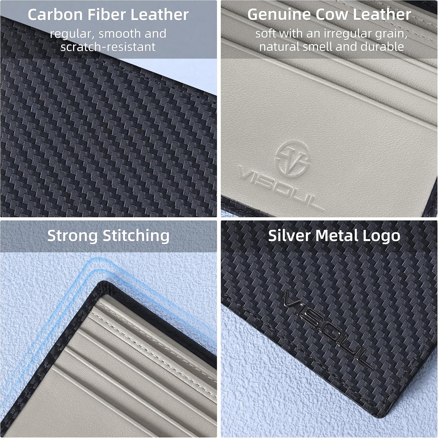 BILLETERA PARA HOMBRE VISOUL BIFOLD DE CUERO Y FIBRA DE CARBONO CON BLOQUEO RFID Y 2 VENTANAS PARA ID NEGRO Y GRIS CLARO - 4