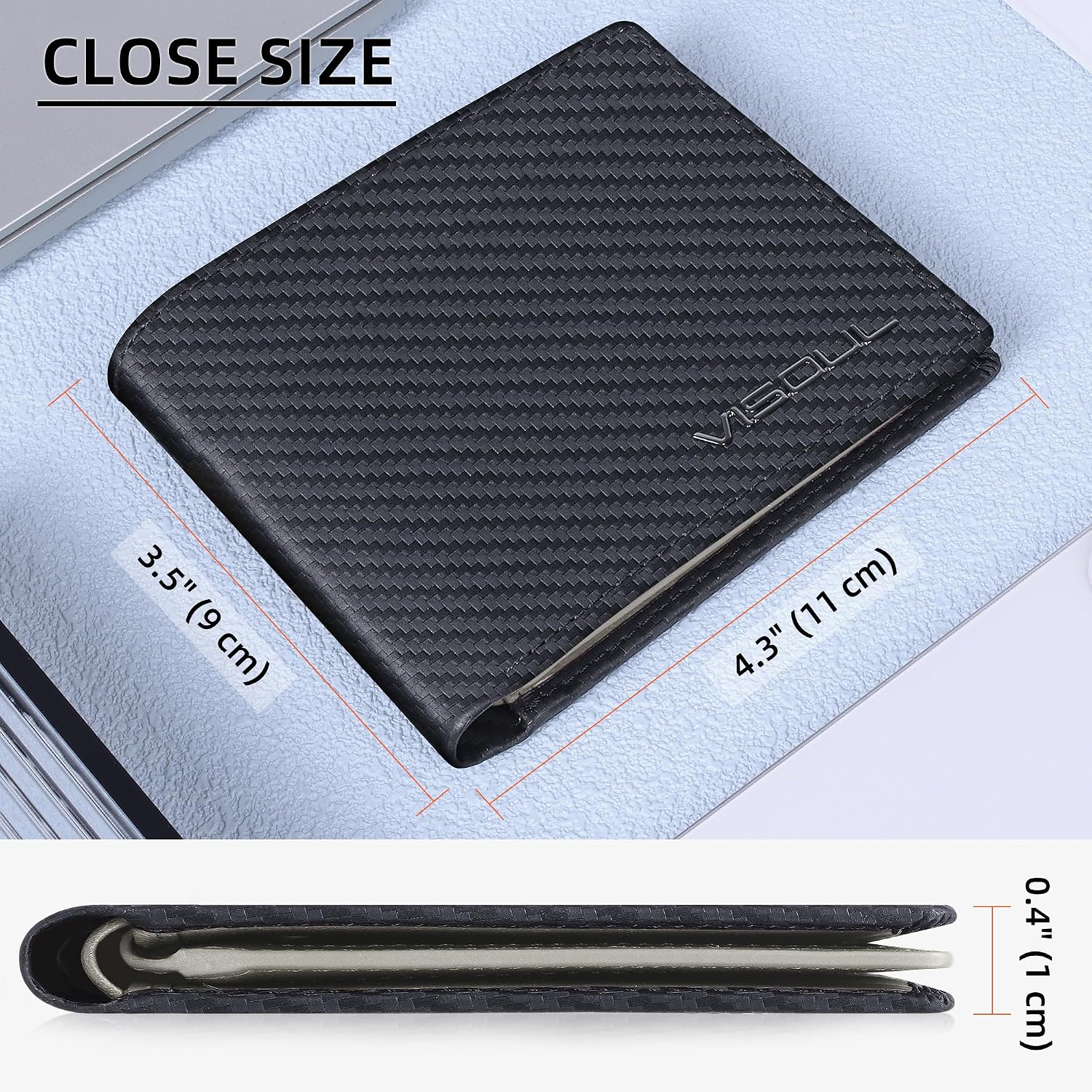 BILLETERA PARA HOMBRE VISOUL BIFOLD DE CUERO Y FIBRA DE CARBONO CON BLOQUEO RFID Y 2 VENTANAS PARA ID NEGRO Y GRIS CLARO - 5