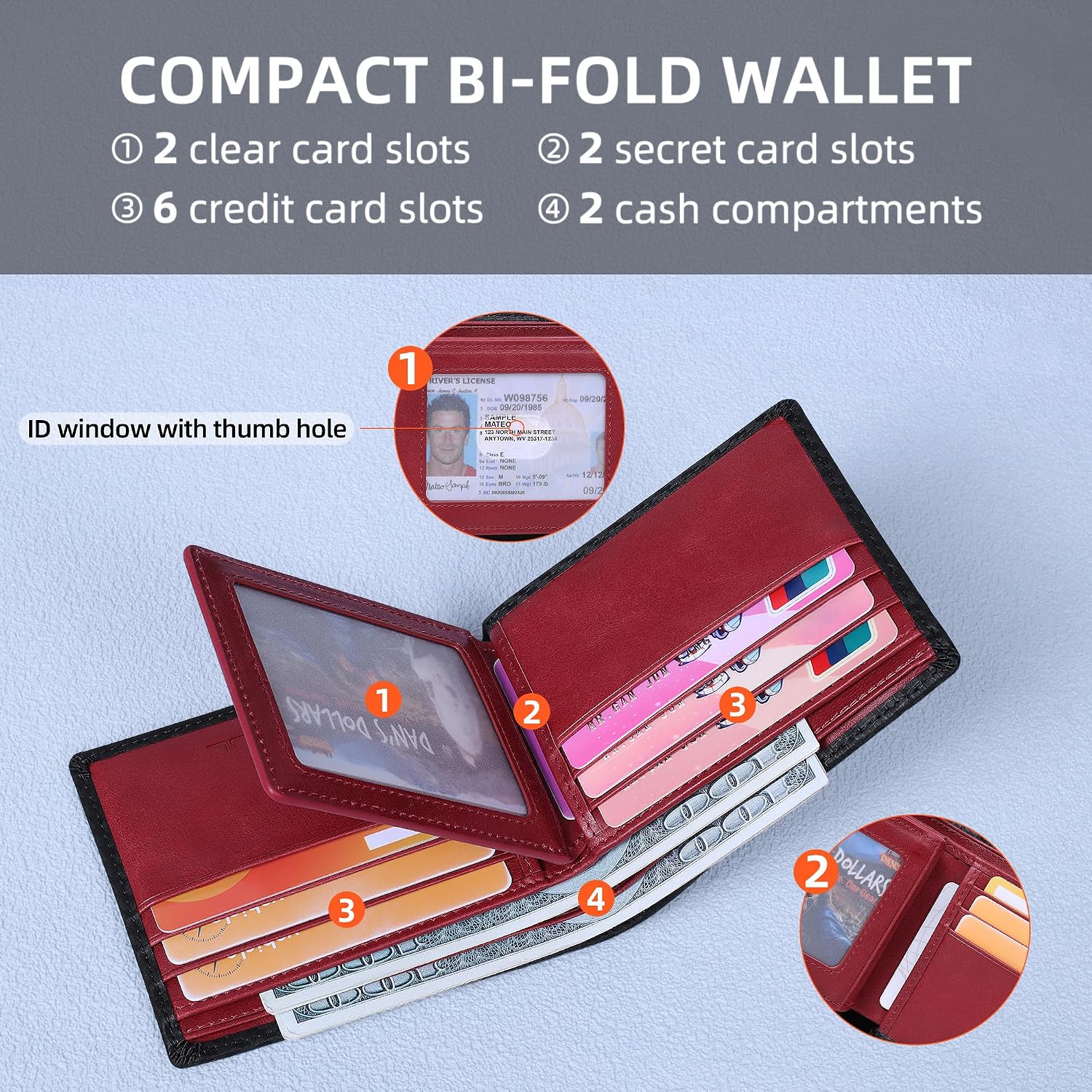 BILLETERA PARA HOMBRE VISOUL BIFOLD DE CUERO FIBRA DE CARBONO CON PROTECCIÓN RFID Y 2 VENTANAS PARA ID - 2