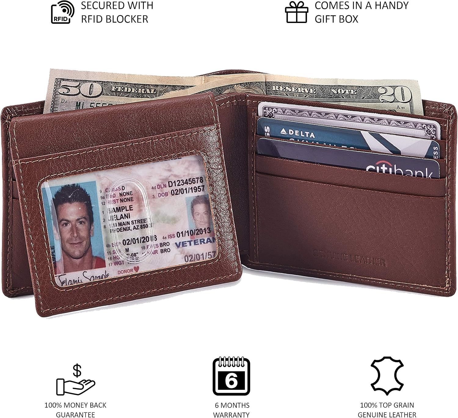 BILLETERA PARA HOMBRE COCHOA SLIM RFID BLOQUEO CUERO BIFOLD MINIMALISTA 2 VENTANAS ID NAPA TAN - 5