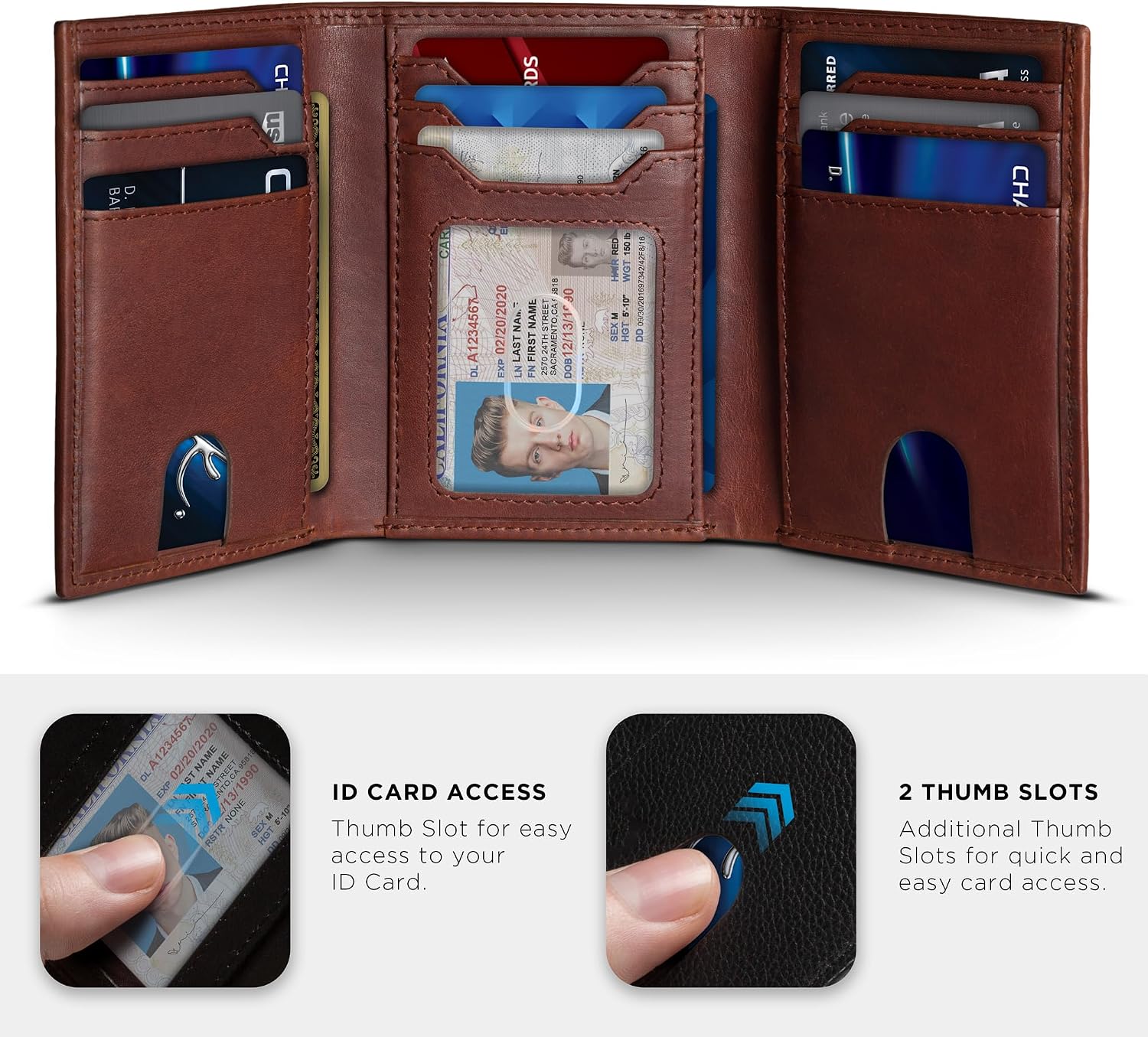 BILLETERA TRIFOLD PARA HOMBRE SERMAN BRANDS CUERO FULL GRAIN CON BLOQUEO RFID 11 RANURAS PARA TARJETAS Y VENTANA ID - 2