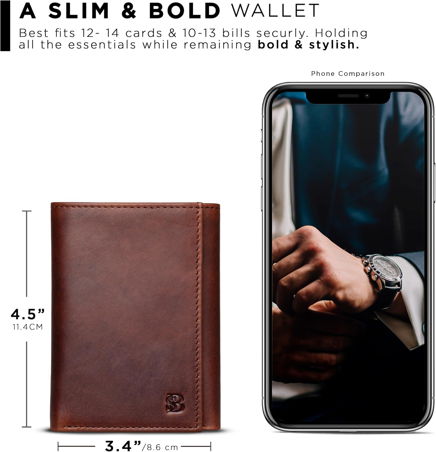 BILLETERA TRIFOLD PARA HOMBRE SERMAN BRANDS CUERO FULL GRAIN CON BLOQUEO RFID 11 RANURAS PARA TARJETAS Y VENTANA ID - 3