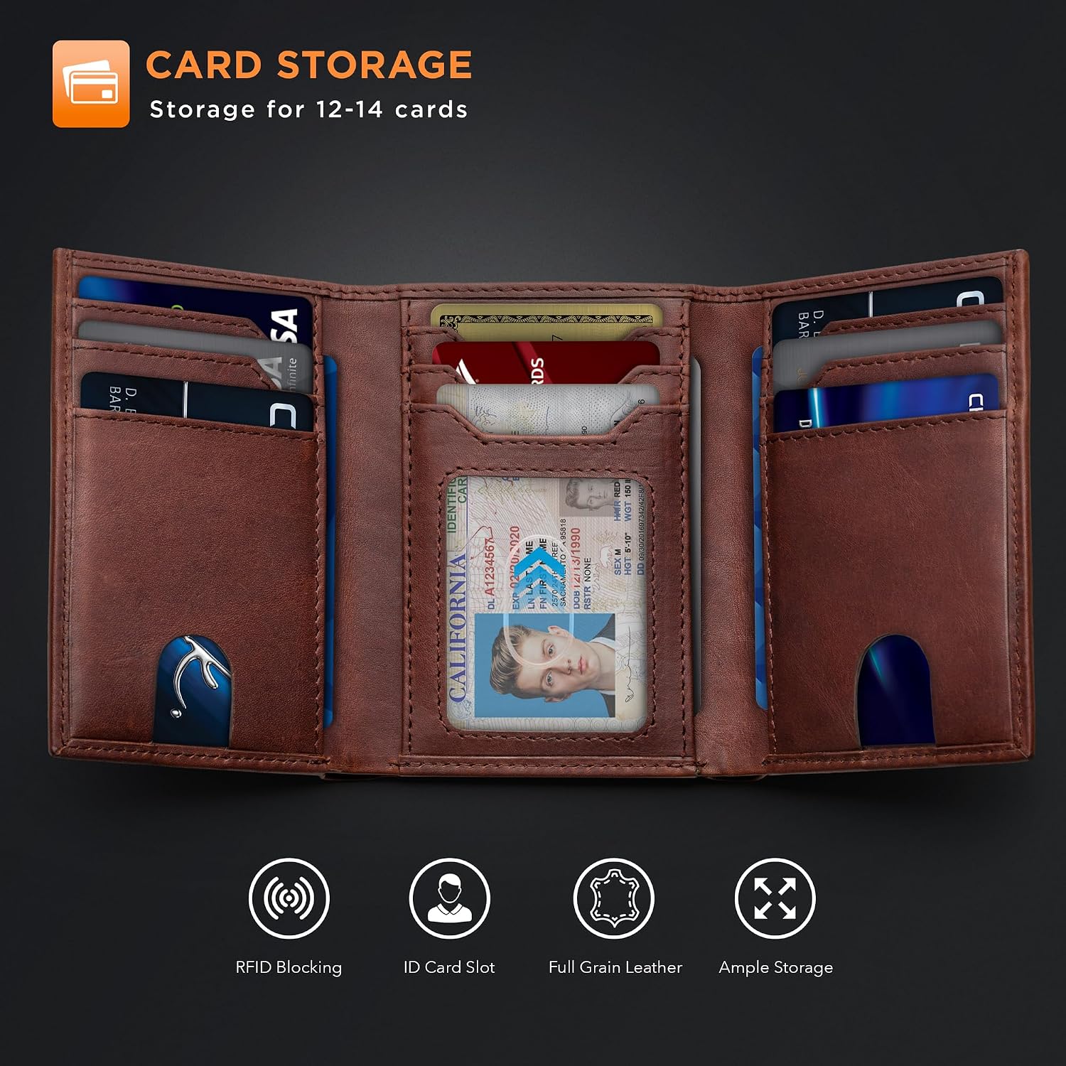 BILLETERA TRIFOLD PARA HOMBRE SERMAN BRANDS CUERO FULL GRAIN CON BLOQUEO RFID 11 RANURAS PARA TARJETAS Y VENTANA ID - 4