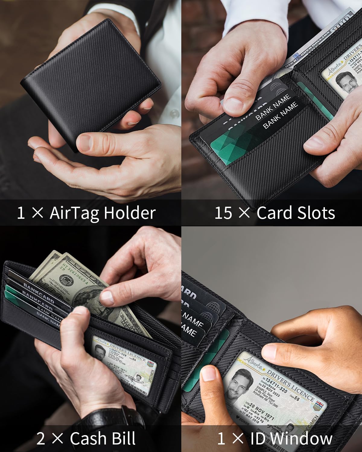 BILLETERA PARA HOMBRE SEROVI DE CUERO GENUINO BIFOLD CON BLOQUEO RFID Y 14 RANURAS PARA TARJETAS NEGRO MODERNO - 3