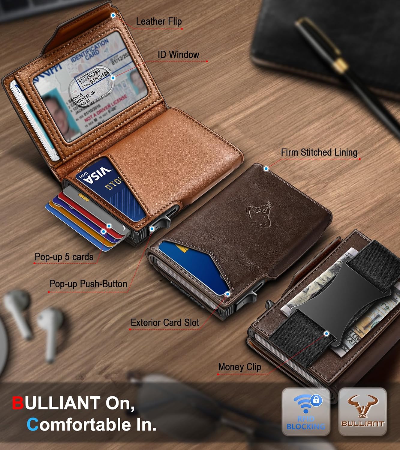 BILLETERA PARA HOMBRE BULLIANT SLIM DE CUERO CON CLIP PARA DINERO Y CIERRE MAGNÉTICO - 2