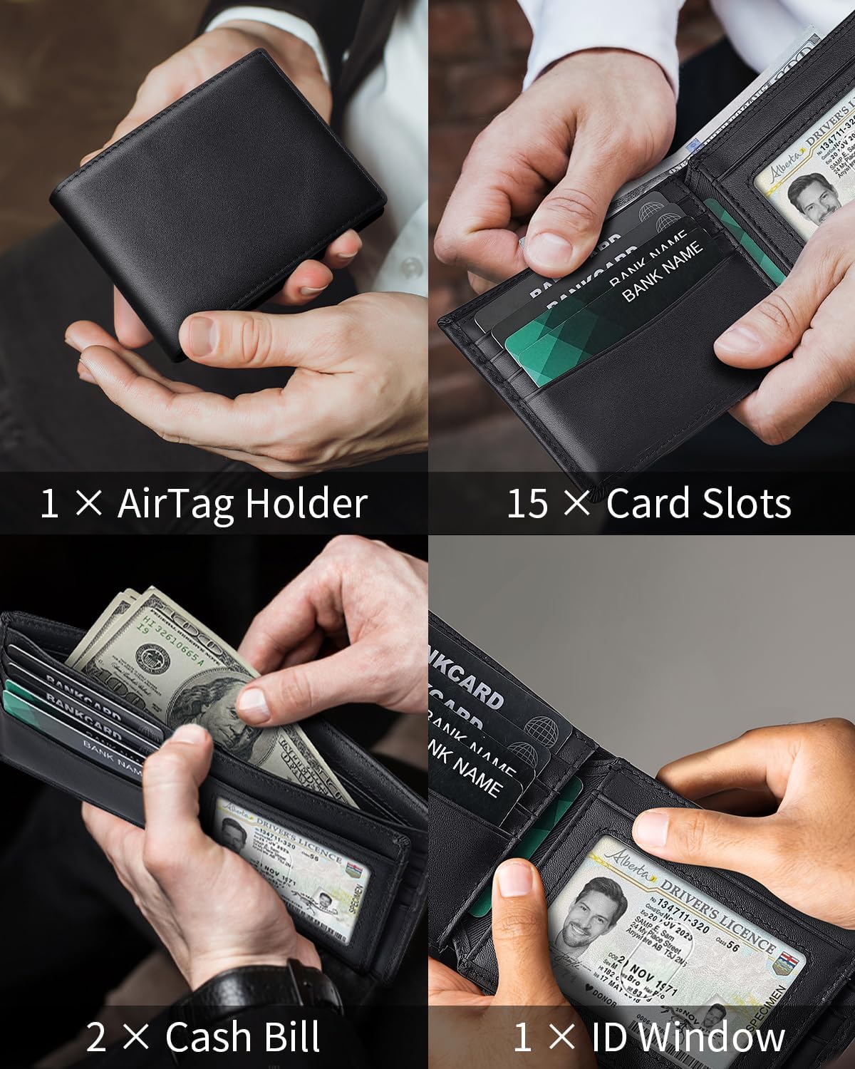 BILLETERA PARA HOMBRE SEROVI DE CUERO GENUINO BIFOLD CON BLOQUEO RFID Y 14 RANURAS PARA TARJETAS - 2