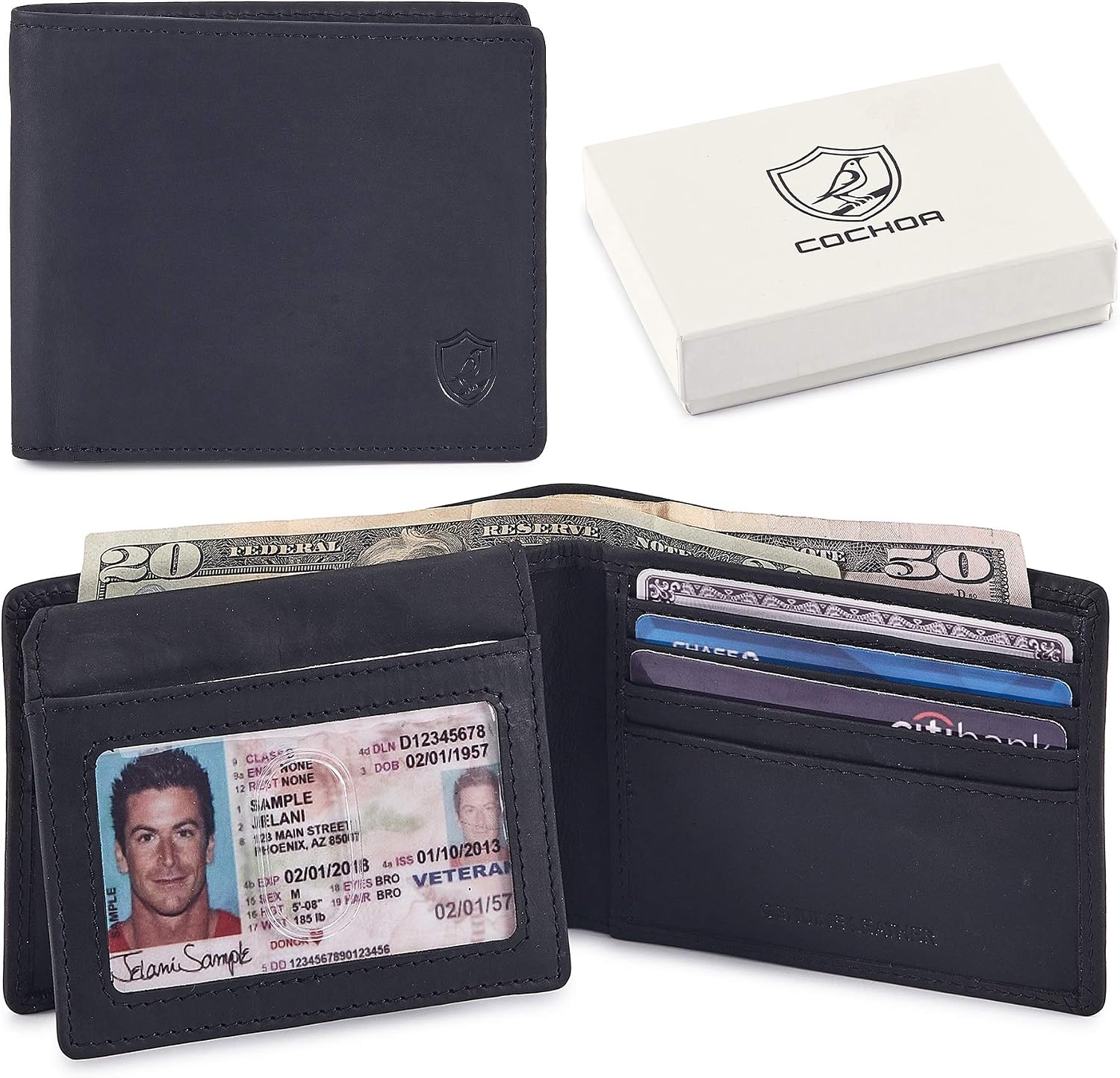 BILLETERA PARA HOMBRE COCHOA CRAZY HORSE NEGRA CON BLOQUEO RFID - 1