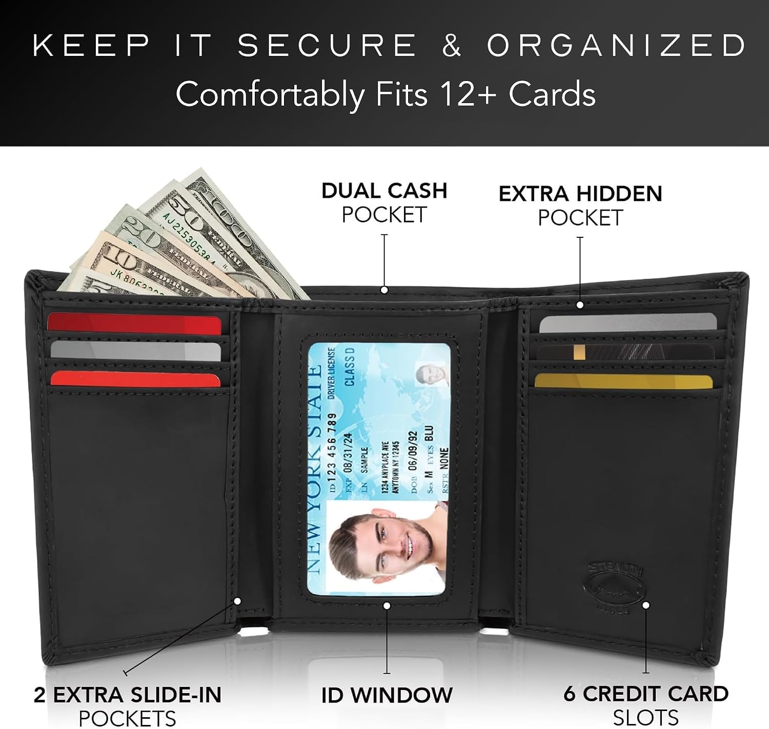 BILLETERA TRIFOLD STEALTH MODE PARA HOMBRE CON BLOQUEO RFID NEGRA - 2