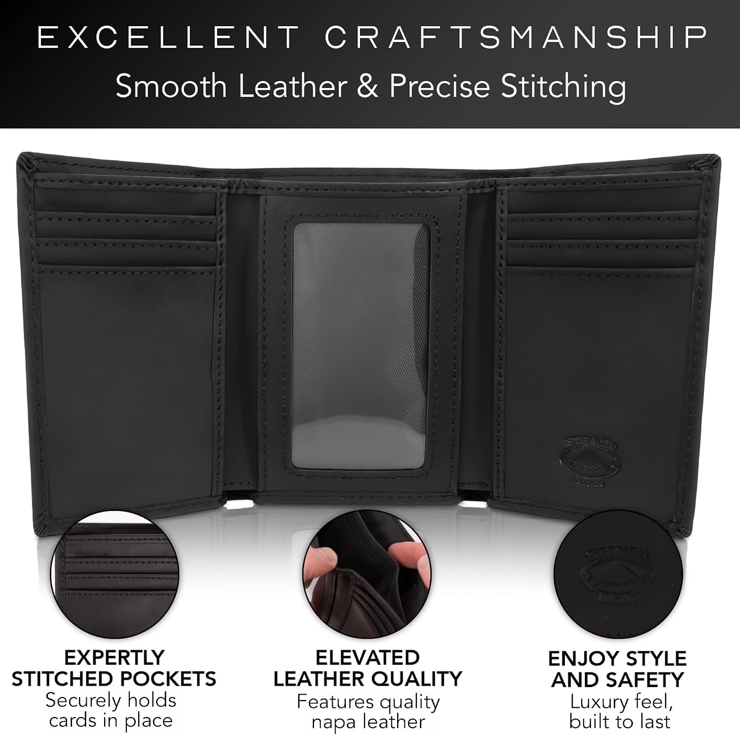 BILLETERA TRIFOLD STEALTH MODE PARA HOMBRE CON BLOQUEO RFID NEGRA - 3