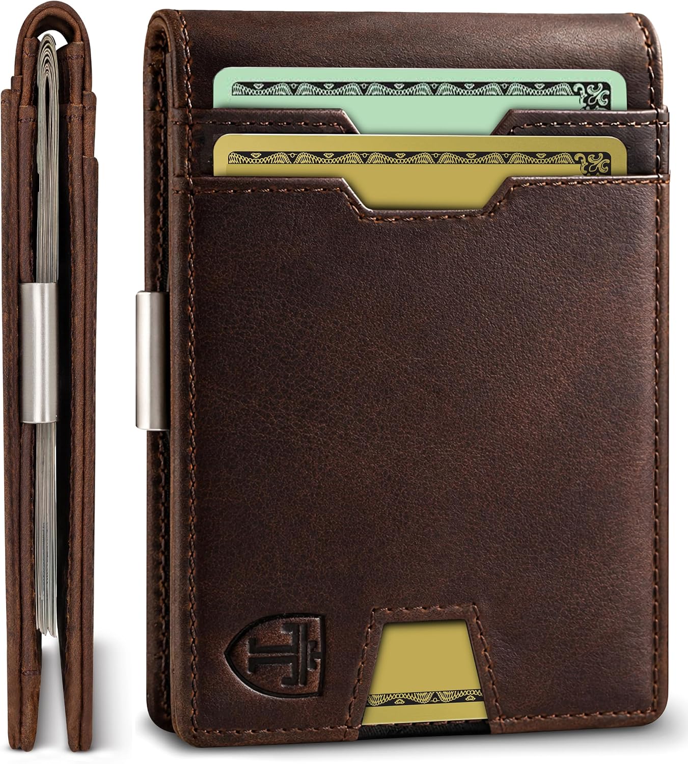 BILLETERA TRAVANDO MONEY CLIP DE CUERO CON PROTECCIÓN RFID PARA HOMBRE 11 TARJETAS MARRÓN VINTAGE - 1