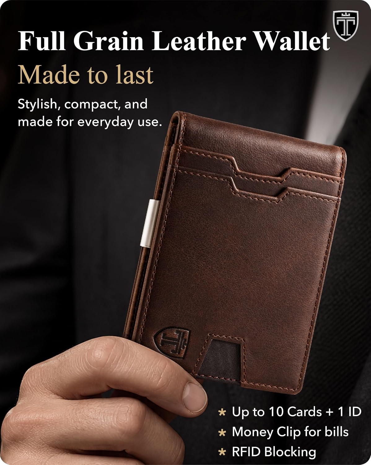 BILLETERA TRAVANDO MONEY CLIP DE CUERO CON PROTECCIÓN RFID PARA HOMBRE 11 TARJETAS MARRÓN VINTAGE - 2